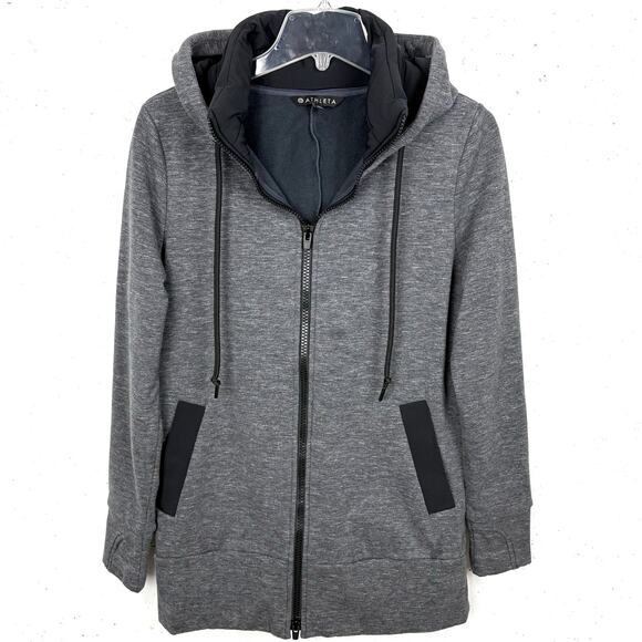 Athleta Victory Long Primaloft Hooded Jacket Full Up Down Zip Gray Black Small - Picture 1 of 11